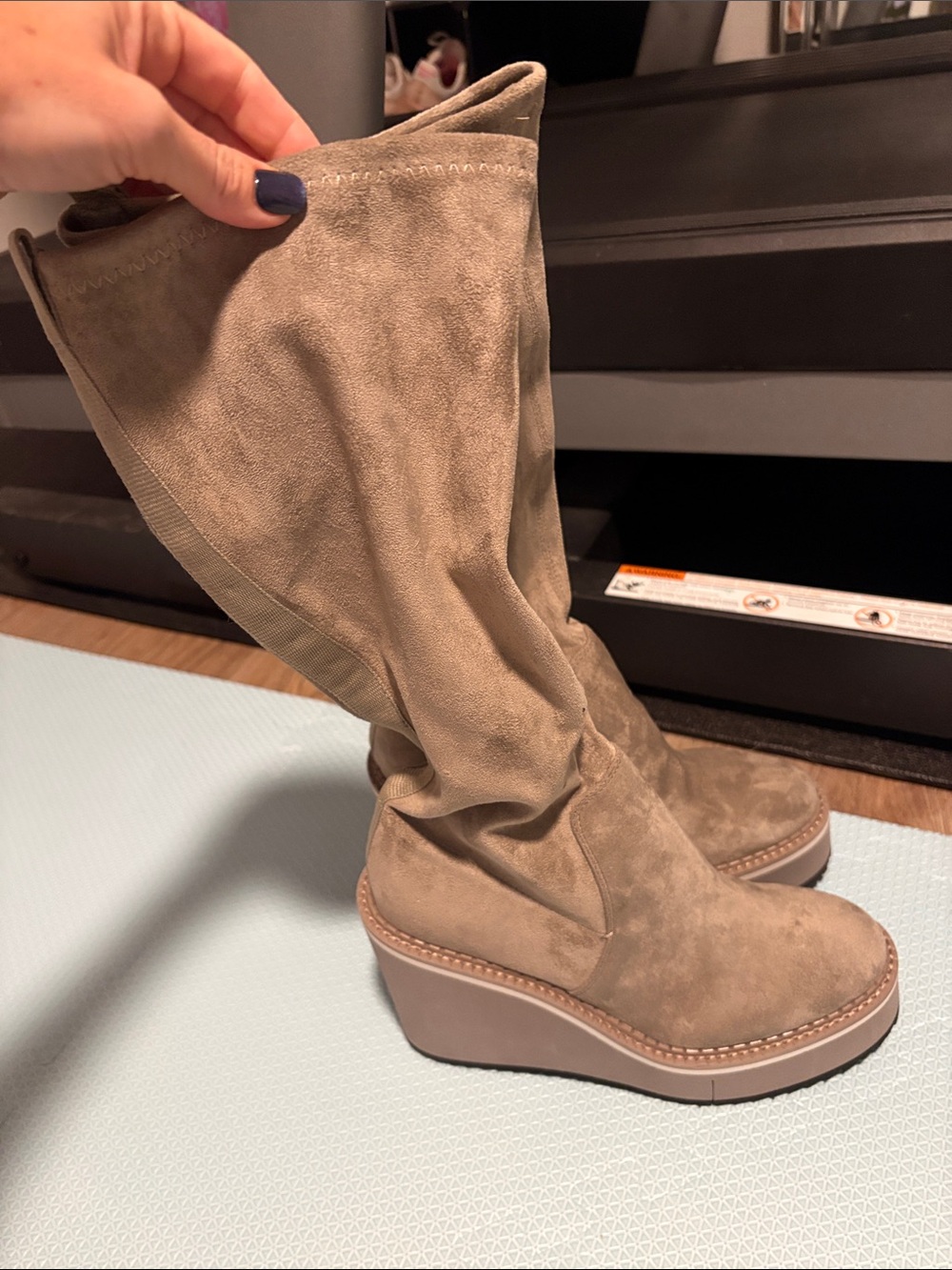 Wedge Knee-High Suede Boots - Taupe